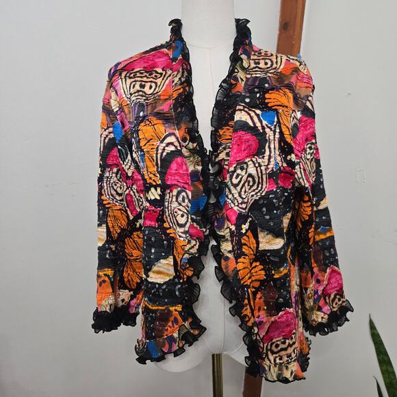 Alberto Makali Women Vtg 90s Y2K Eclectic Butterfly Crinkle Ruffle Cardigan XL - Picture 2 of 12
